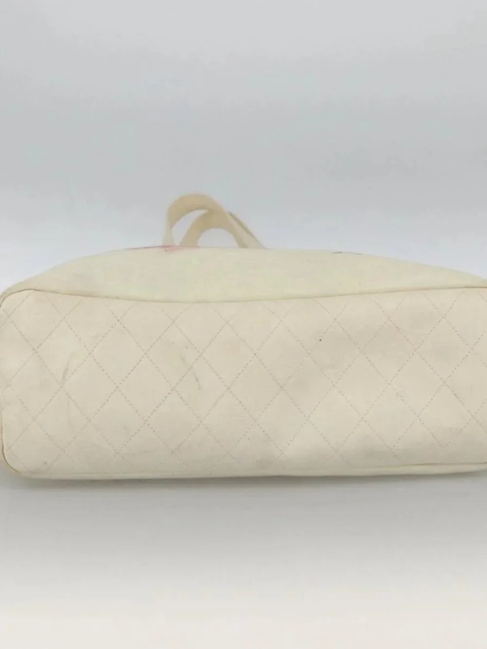 CHANEL Tote Bag Canvas Leather White Silver CC Auth bs33806